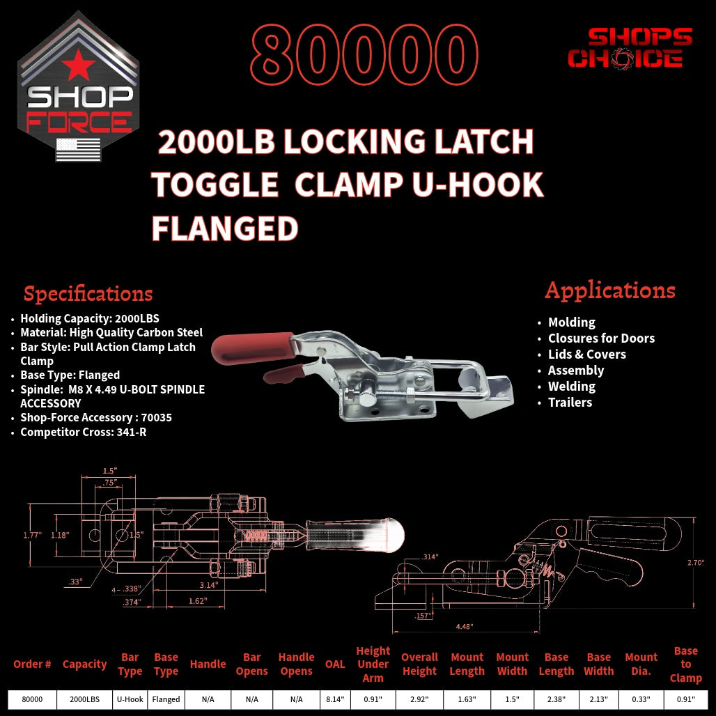 2000LB Locking Latch Toggle Clamp U-Hook Flanged-80000-Shop-Force