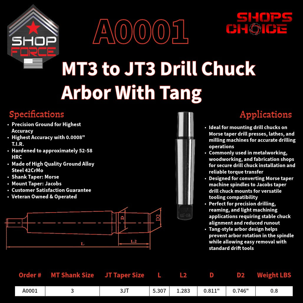 A0001 Morse Taper Drill Chuck Arbor with Tang image 2