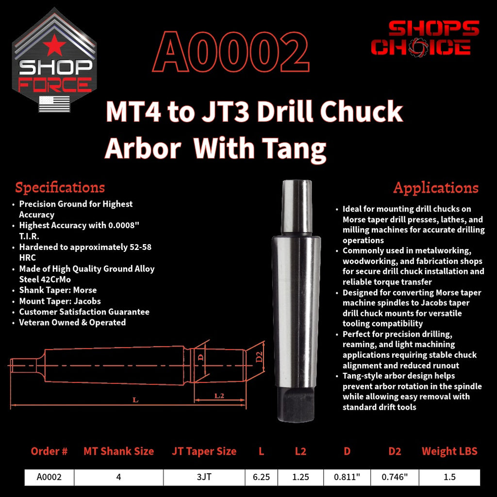 A0002 Morse Taper Drill Chuck Arbor with Tang image 2
