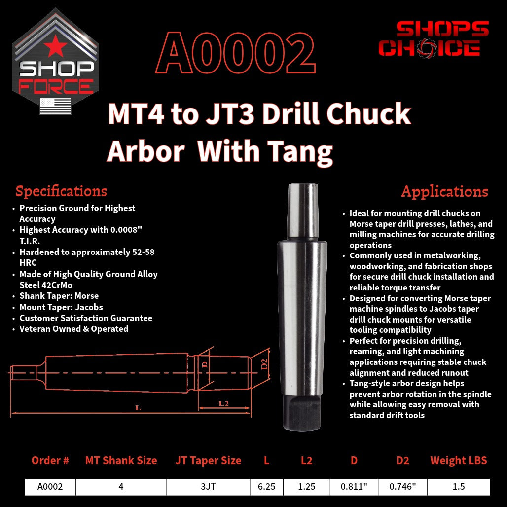 A0002 Morse Taper Drill Chuck Arbor with Tang image 2