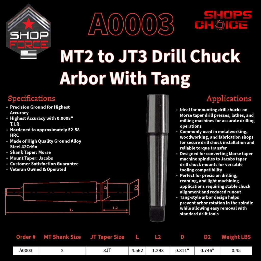 A0003 Morse Taper Drill Chuck Arbor with Tang image 2