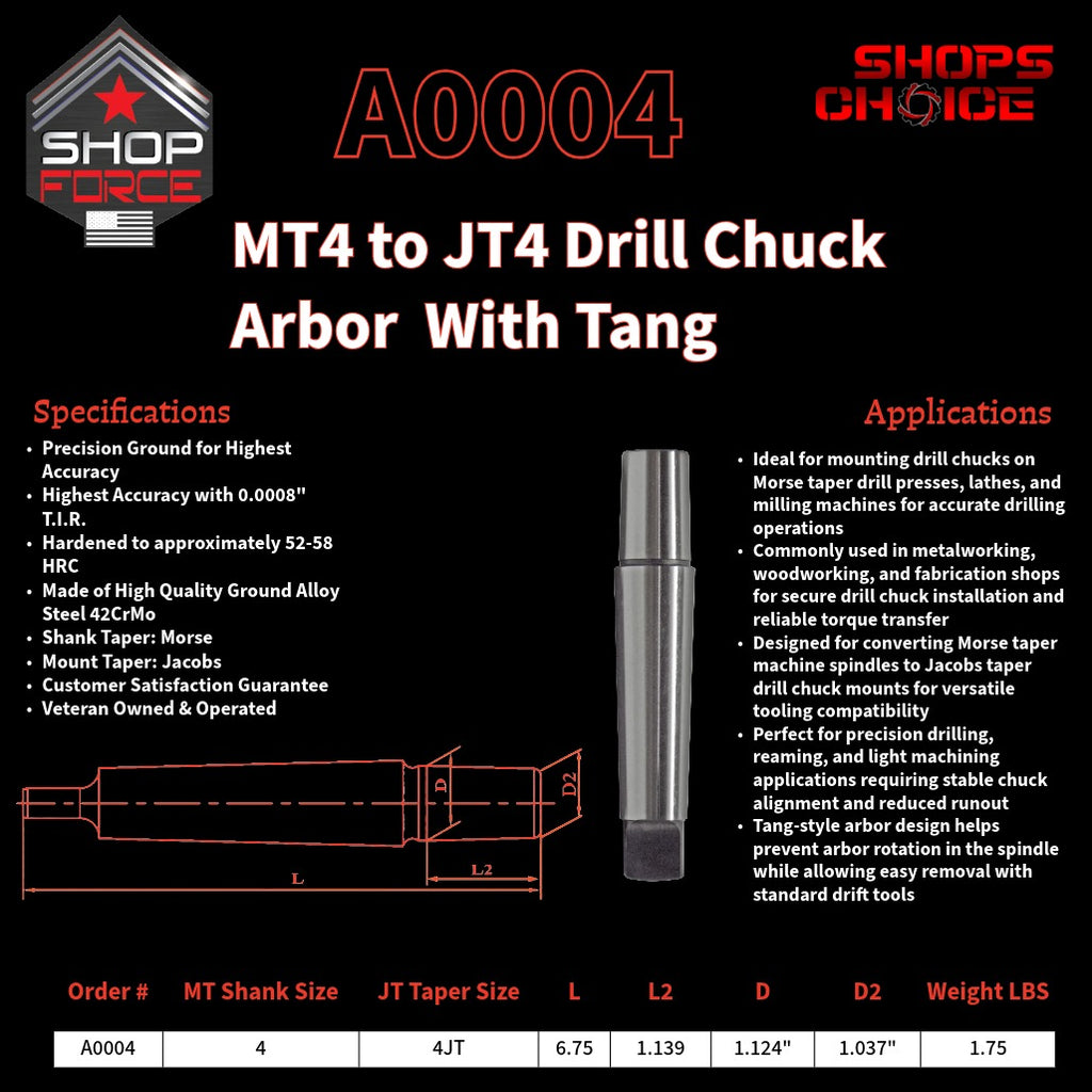 A0004 Morse Taper Drill Chuck Arbor with Tang image 2