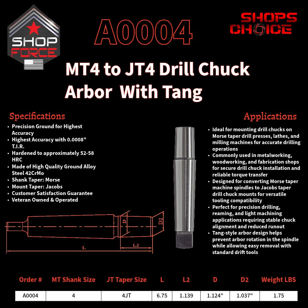 A0004 Morse Taper Drill Chuck Arbor with Tang image 2