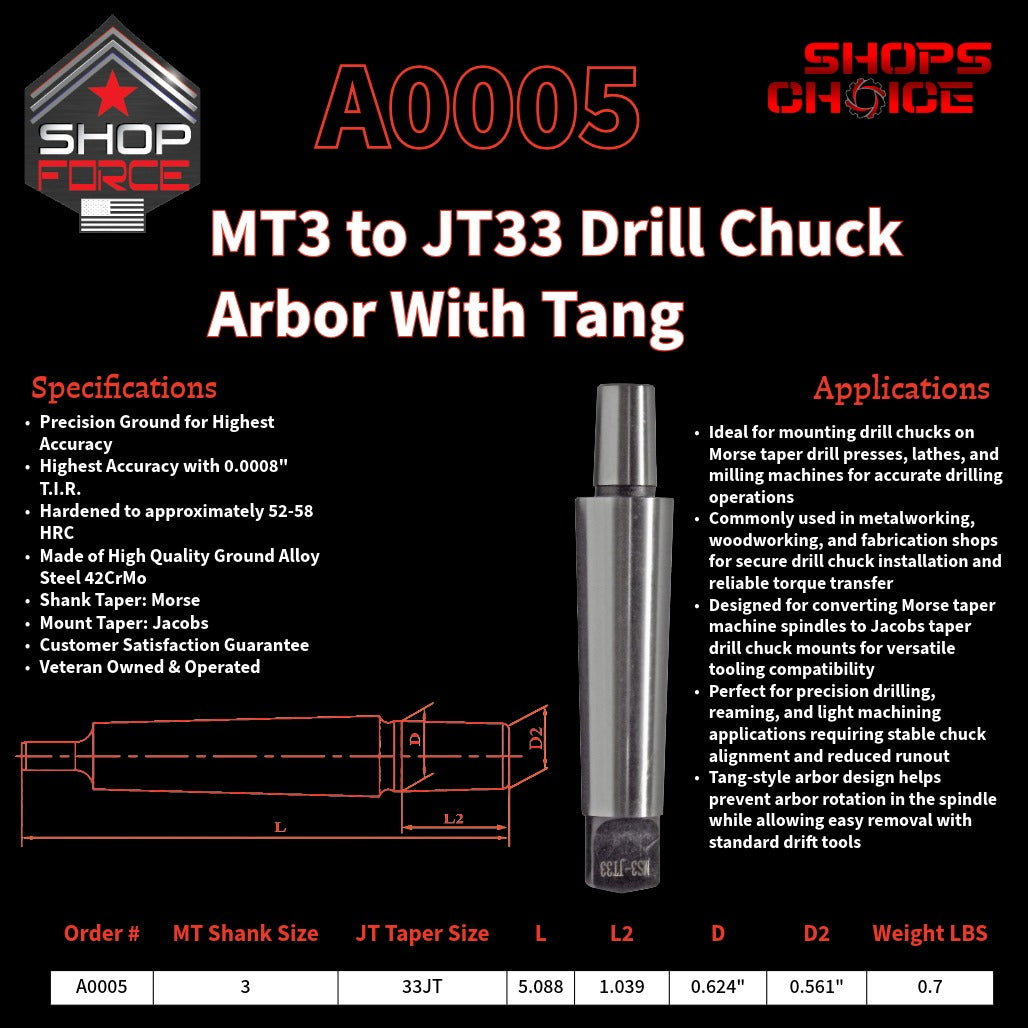A0005 Morse Taper Drill Chuck Arbor with Tang image 2