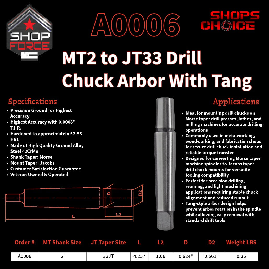 A0006 Morse Taper Drill Chuck Arbor with Tang image 2