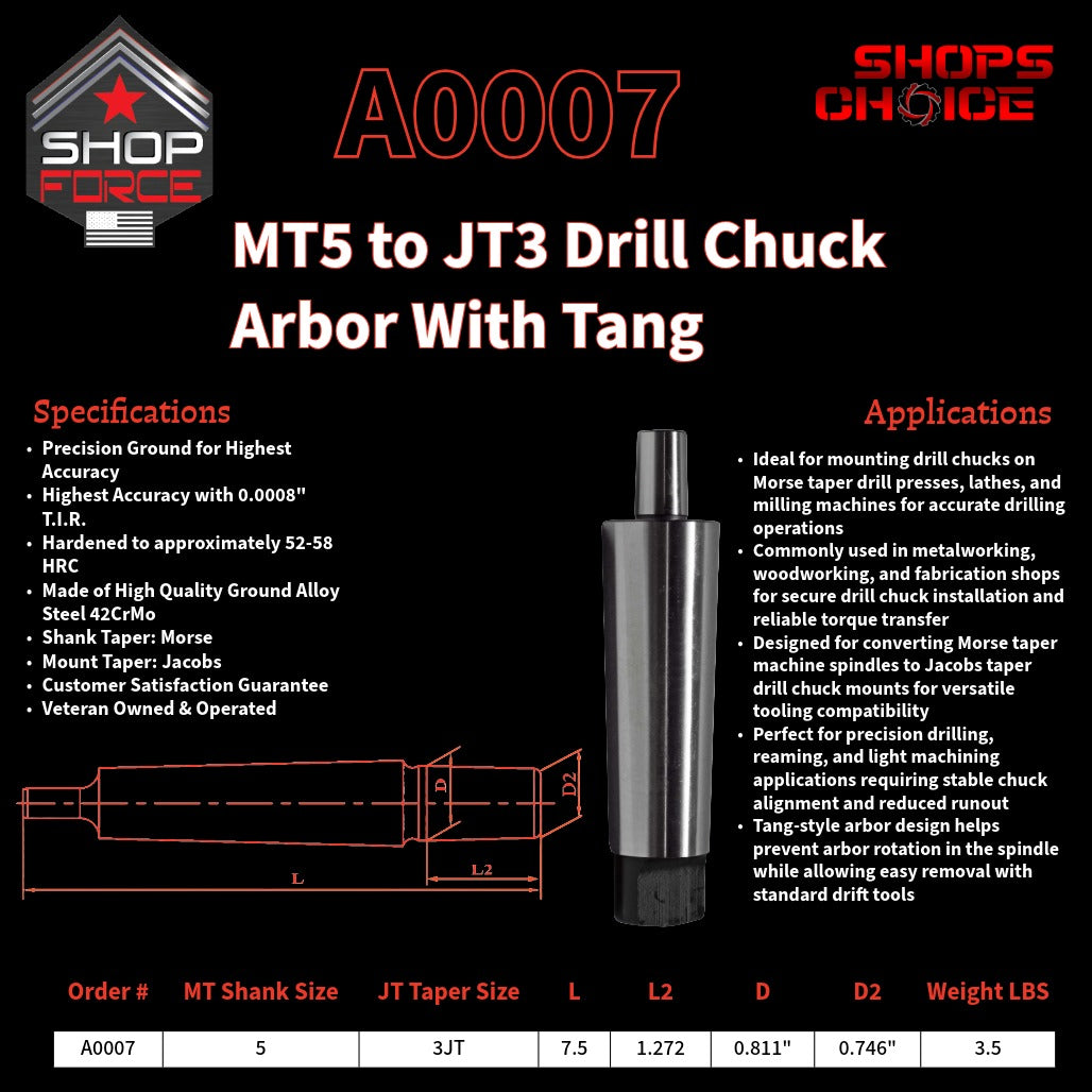 A0007 Morse Taper Drill Chuck Arbor with Tang image 2