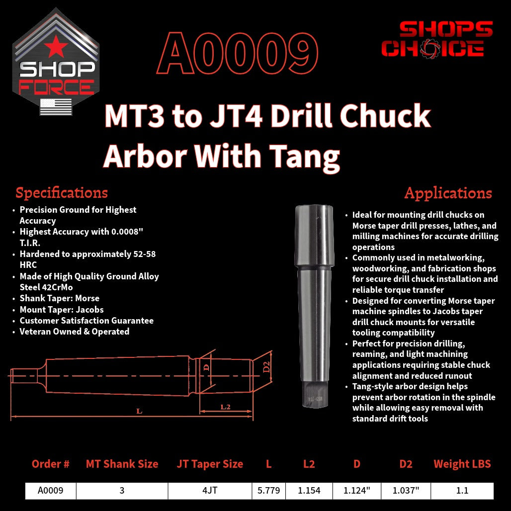 A0009 Morse Taper Drill Chuck Arbor with Tang image 2