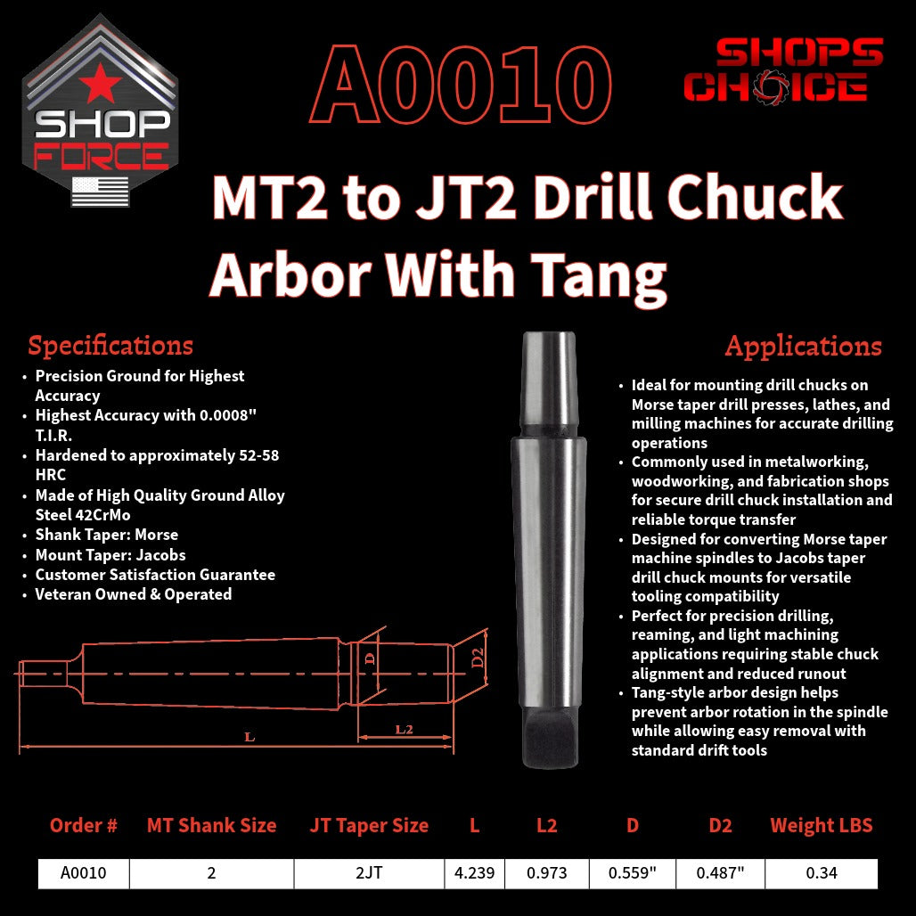 A0010 Morse Taper Drill Chuck Arbor with Tang image 2