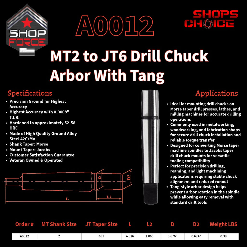 A0012 Morse Taper Drill Chuck Arbor with Tang image 2