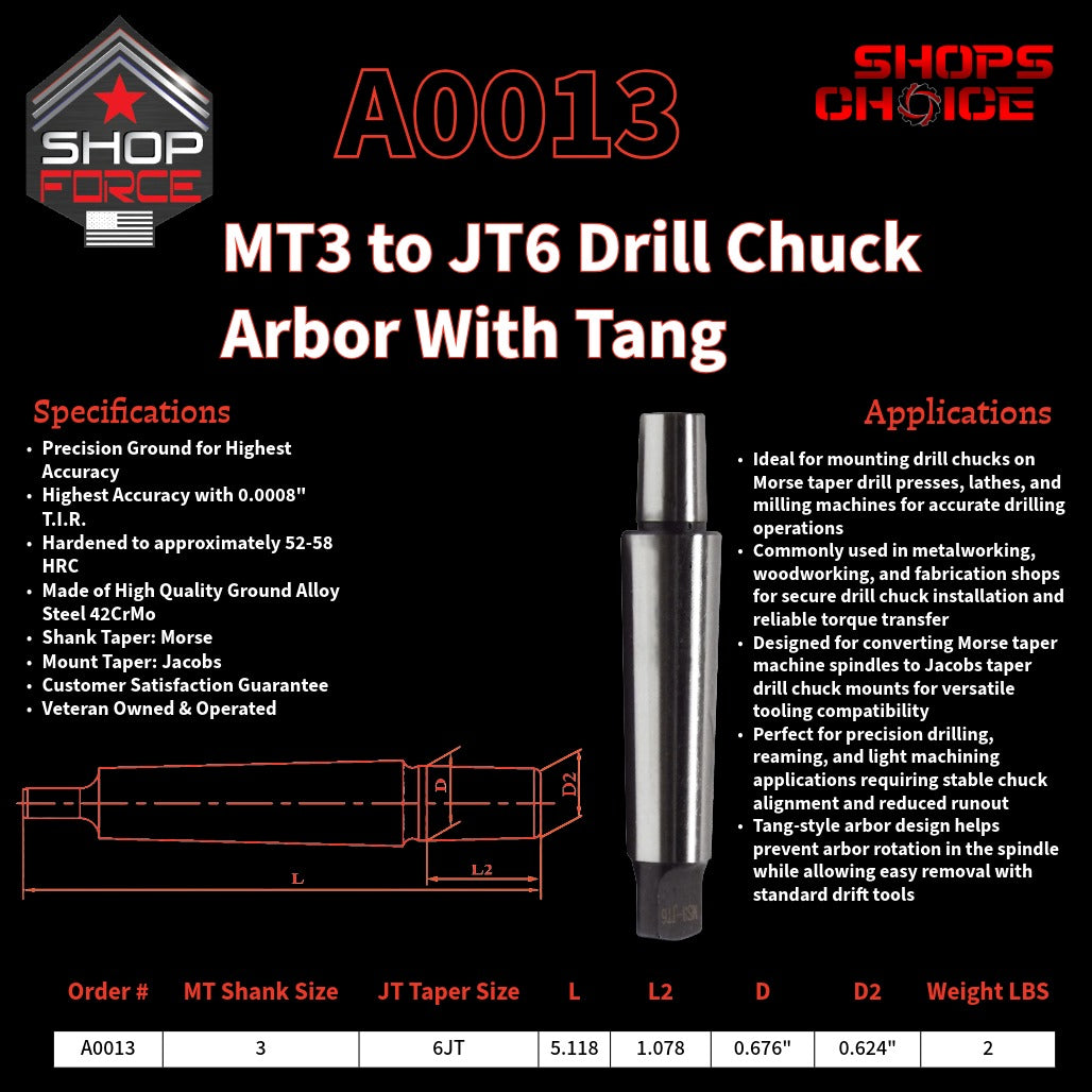 A0013 Morse Taper Drill Chuck Arbor with Tang image 2