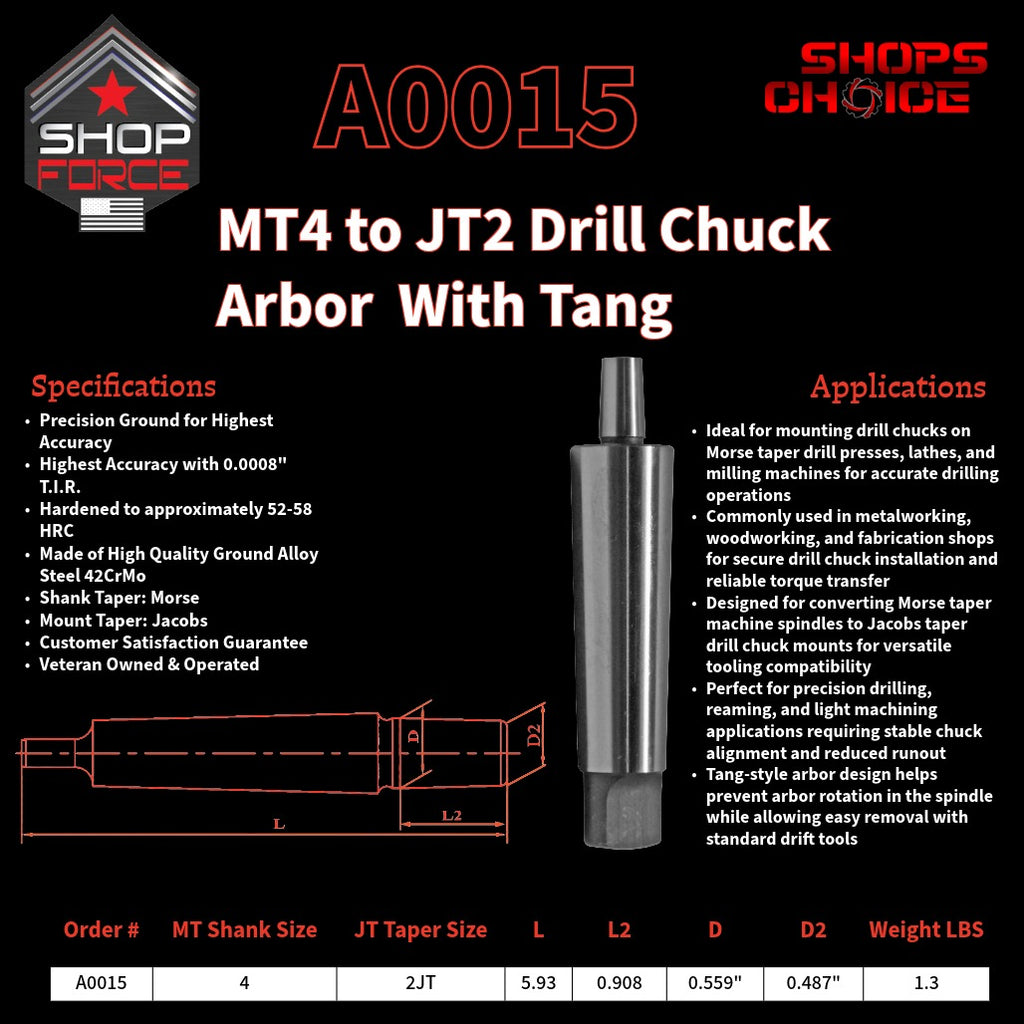 A0015 Morse Taper Drill Chuck Arbor with Tang image 2