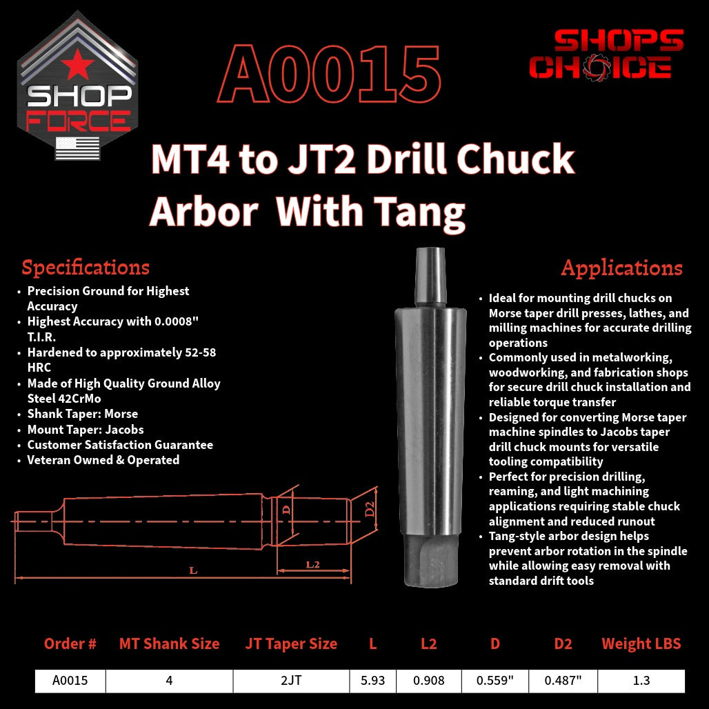 A0015 Morse Taper Drill Chuck Arbor with Tang image 2