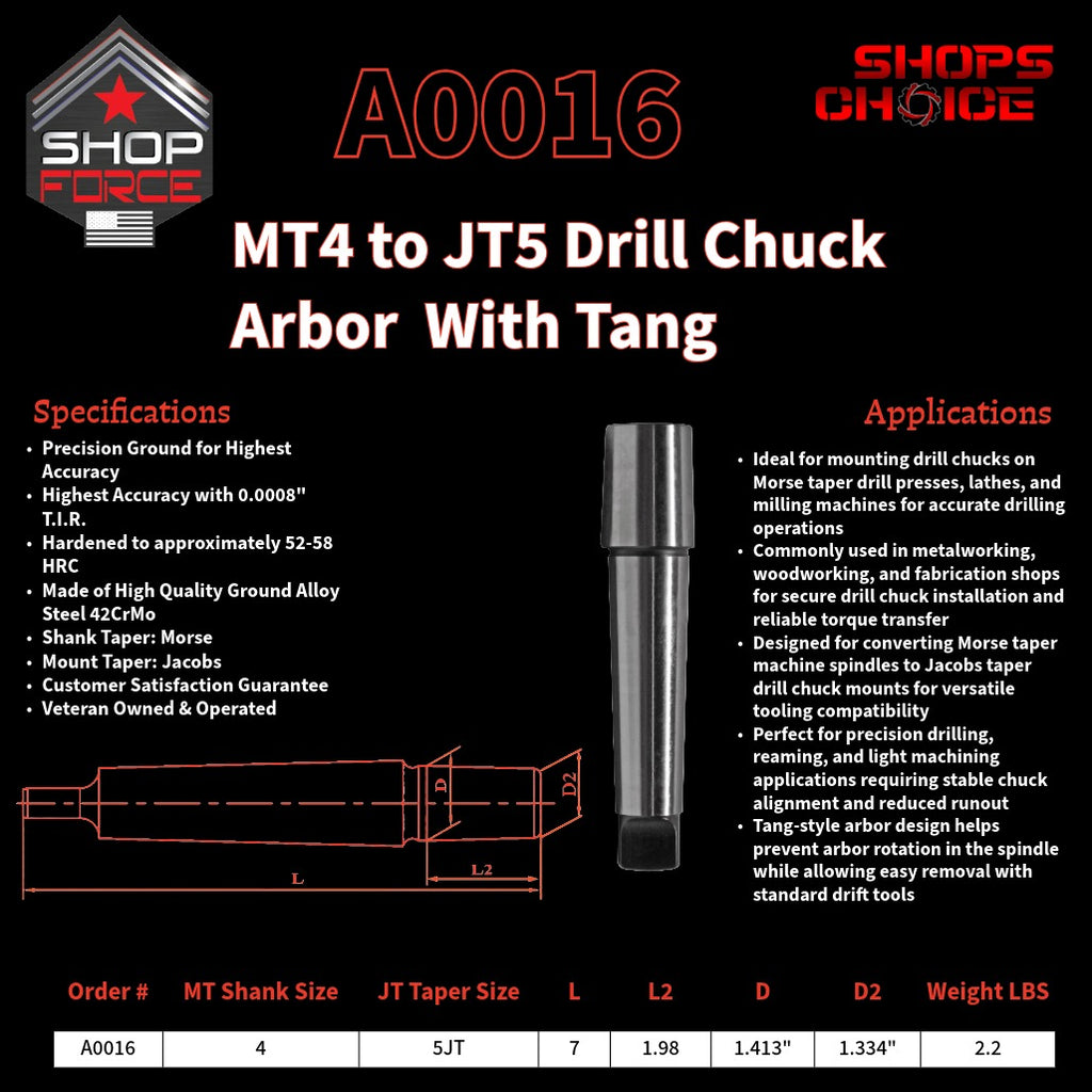A0016 Morse Taper Drill Chuck Arbor with Tang image 2