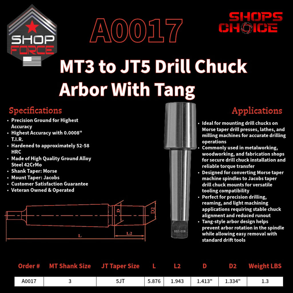 A0017 Morse Taper Drill Chuck Arbor with Tang image 2