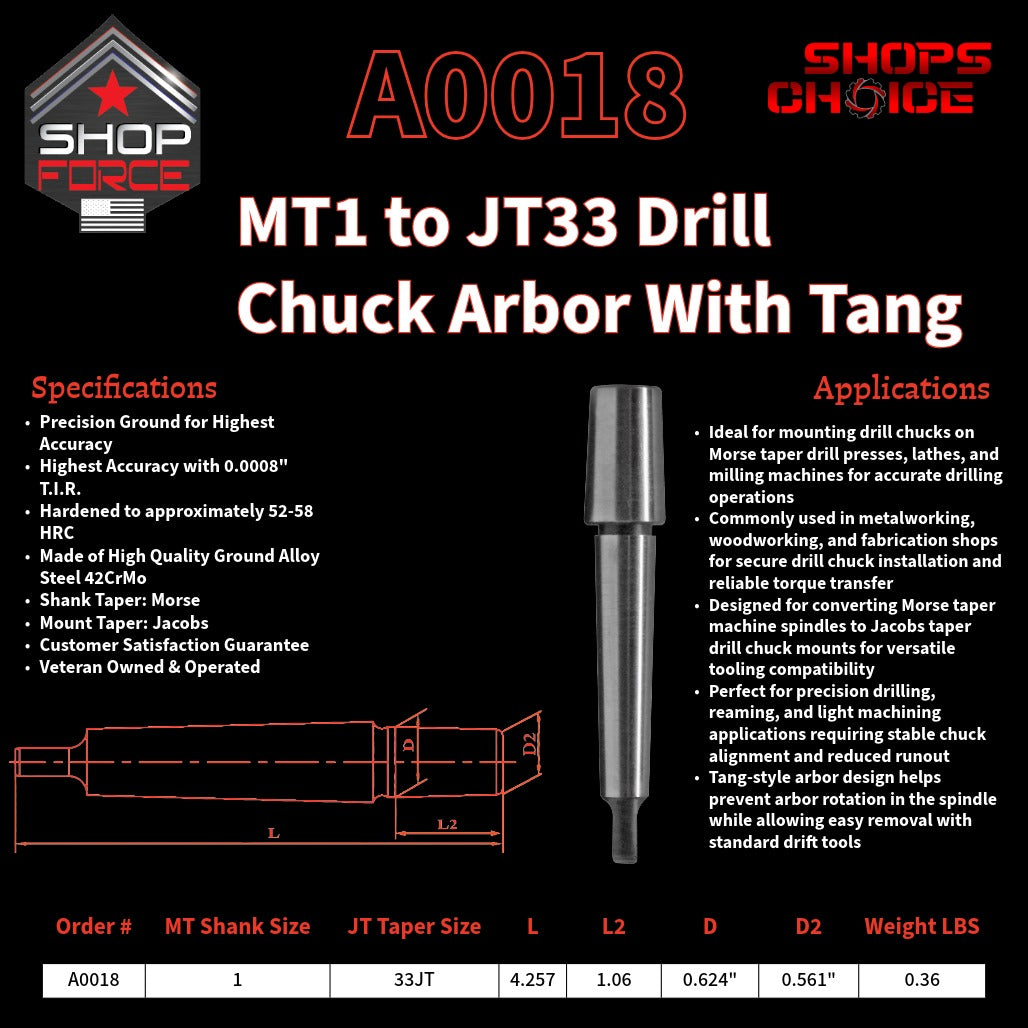 A0018 Morse Taper Drill Chuck Arbor with Tang image 2