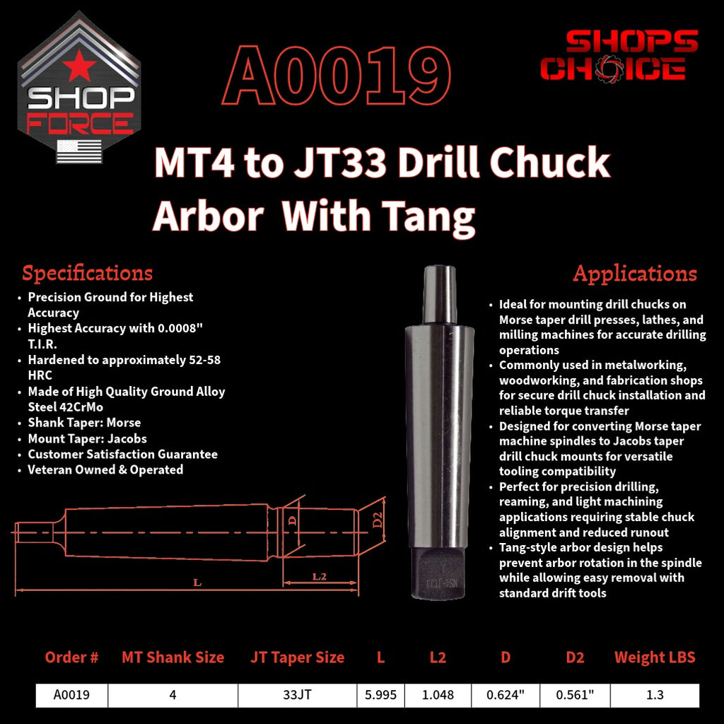 A0019 Morse Taper Drill Chuck Arbor with Tang image 2