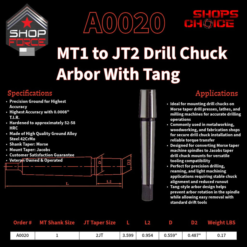 A0020 Morse Taper Drill Chuck Arbor with Tang image 2