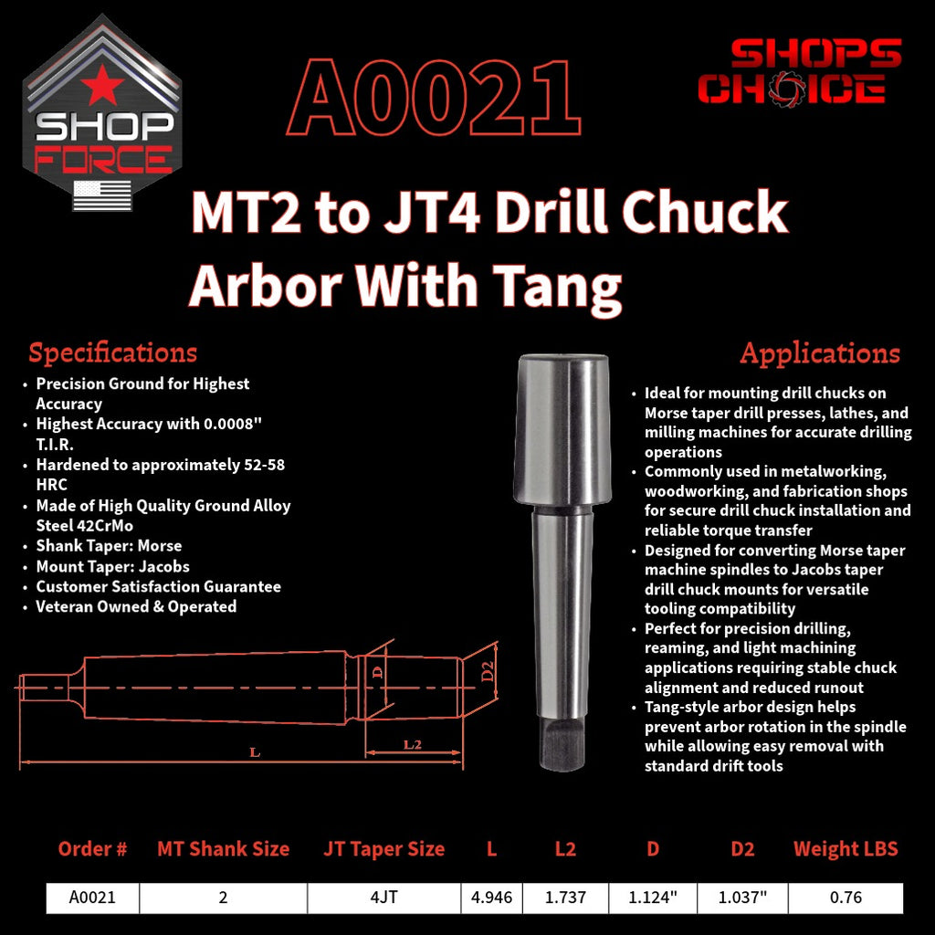 A0021 Morse Taper Drill Chuck Arbor with Tang image 2