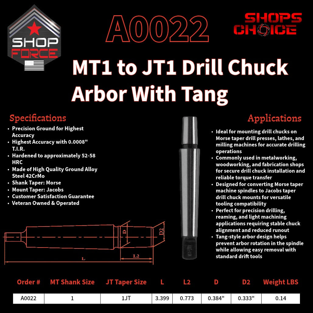 A0022 Morse Taper Drill Chuck Arbor with Tang image 2
