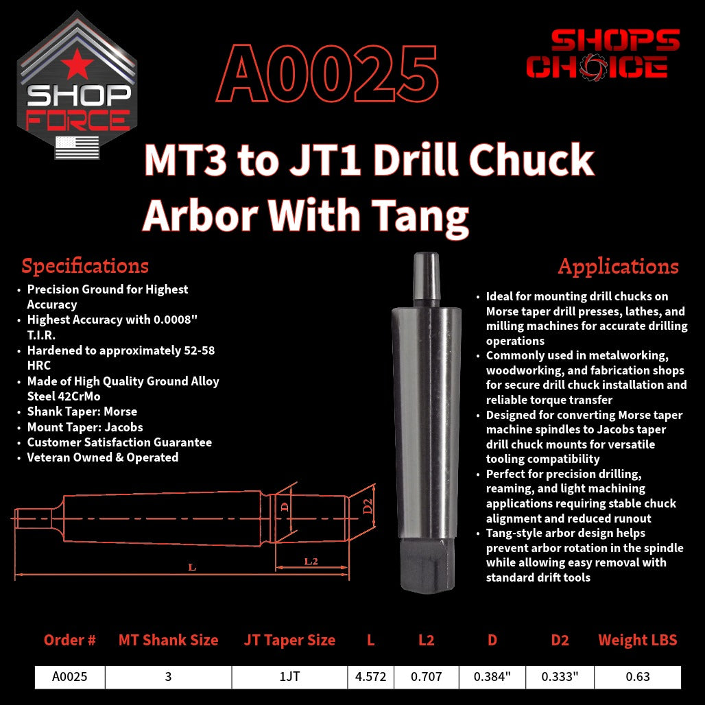 A0025 Morse Taper Drill Chuck Arbor with Tang image 2