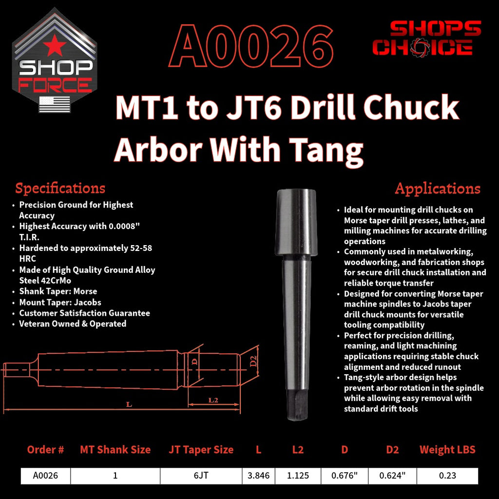 A0026 Morse Taper Drill Chuck Arbor with Tang image 2