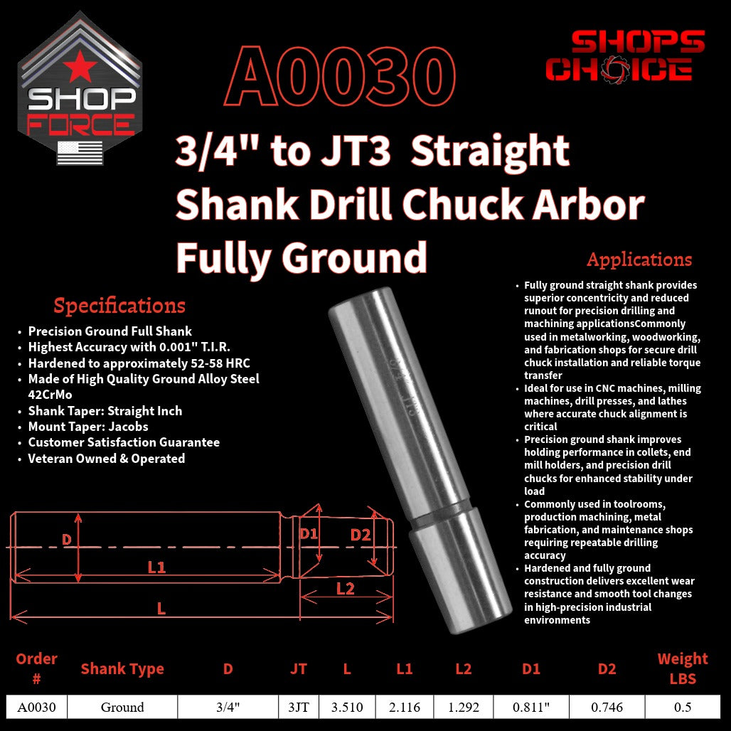 A0030 Straight Shank Drill Chuck Arbor Ground Shank image 2