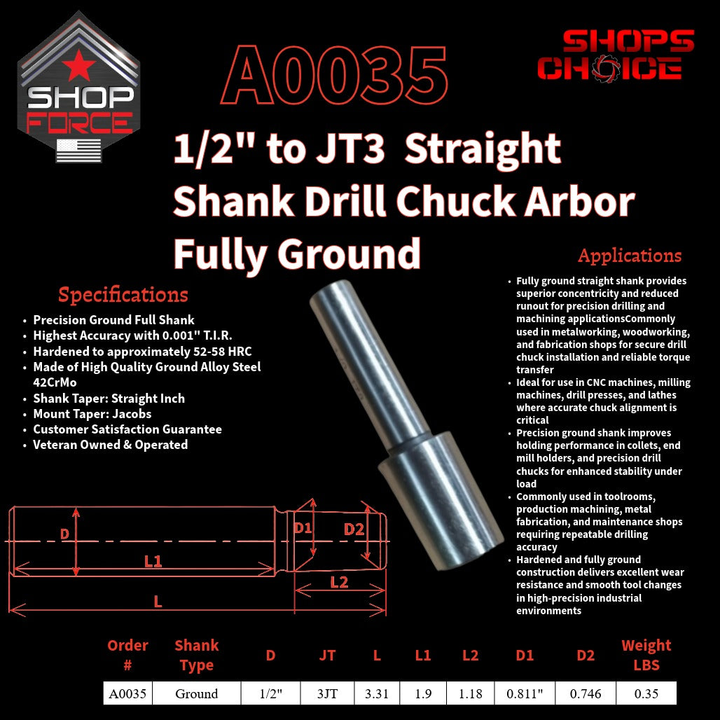 A0035 Straight Shank Drill Chuck Arbor Ground Shank image 2