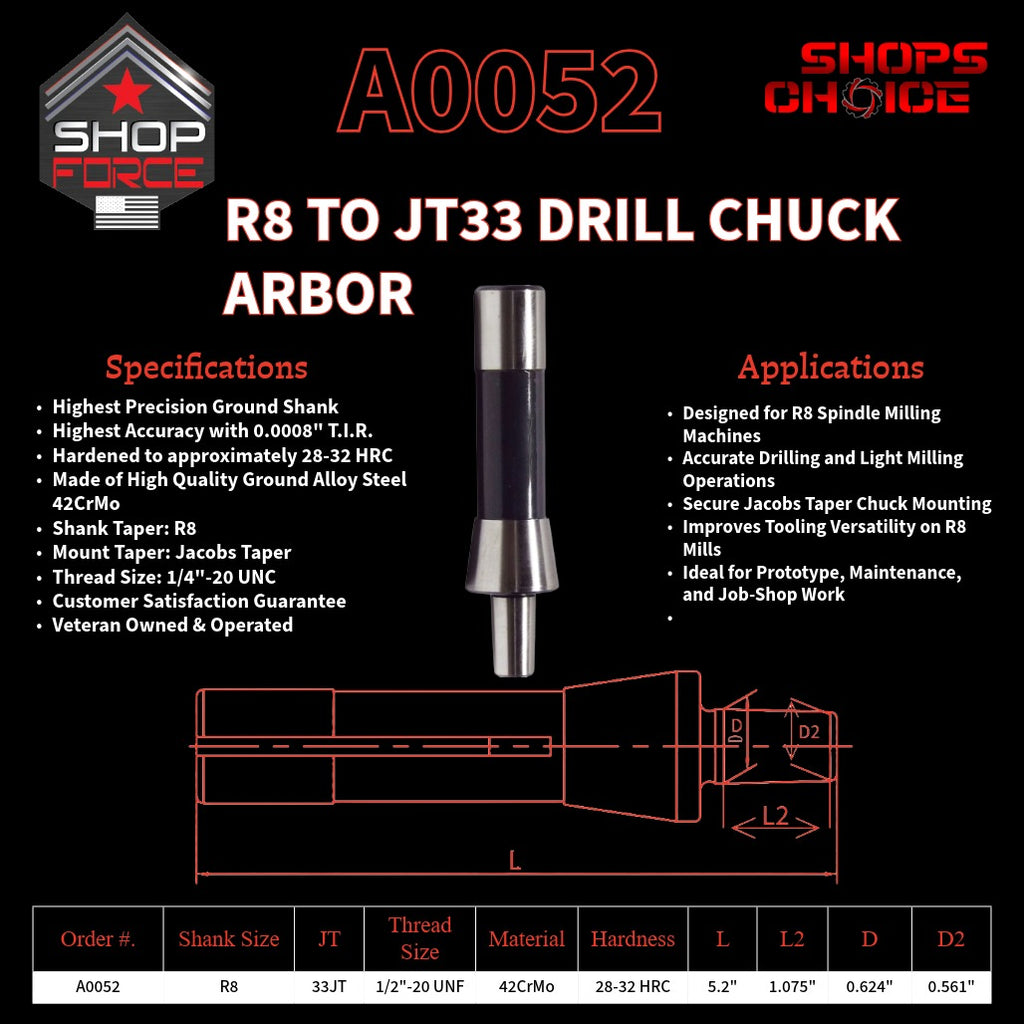 A0052 R8 Drill Chuck Arbor image 2