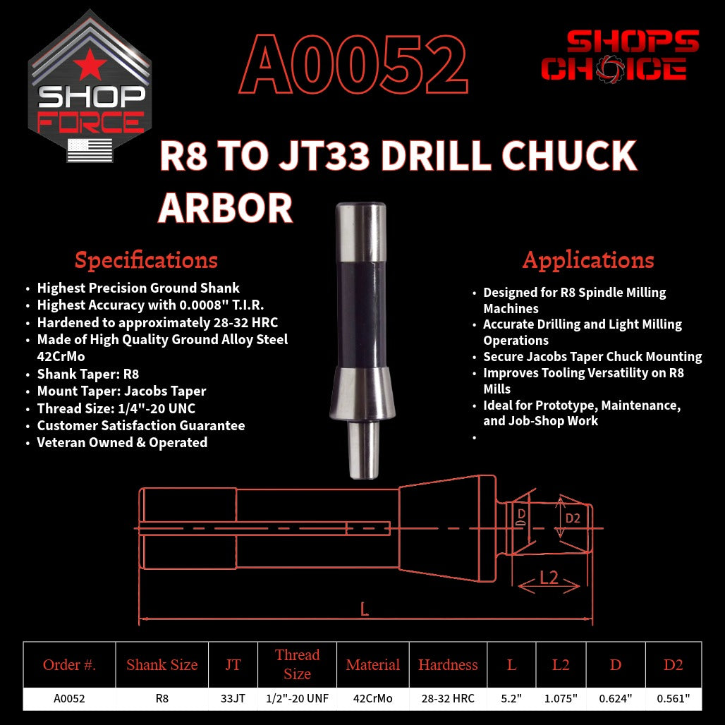 A0052 R8 Drill Chuck Arbor image 2