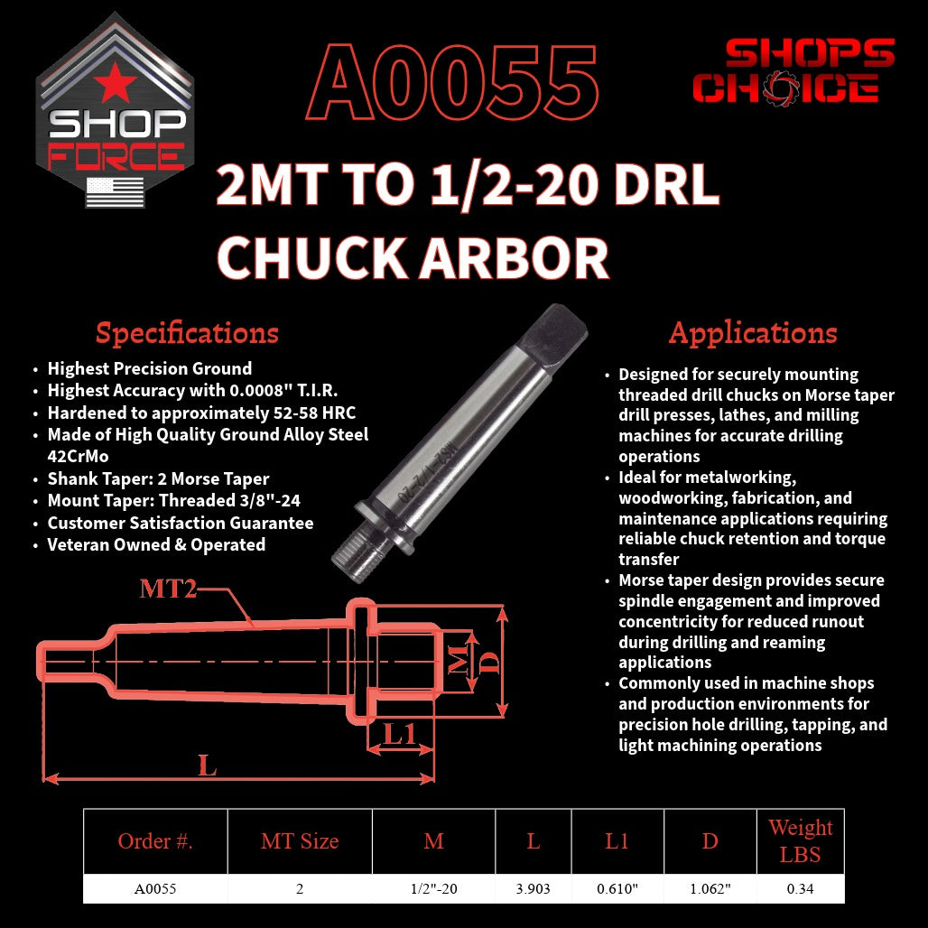 A0055 Morse Taper Threaded Drill Chuck Arbor image 2