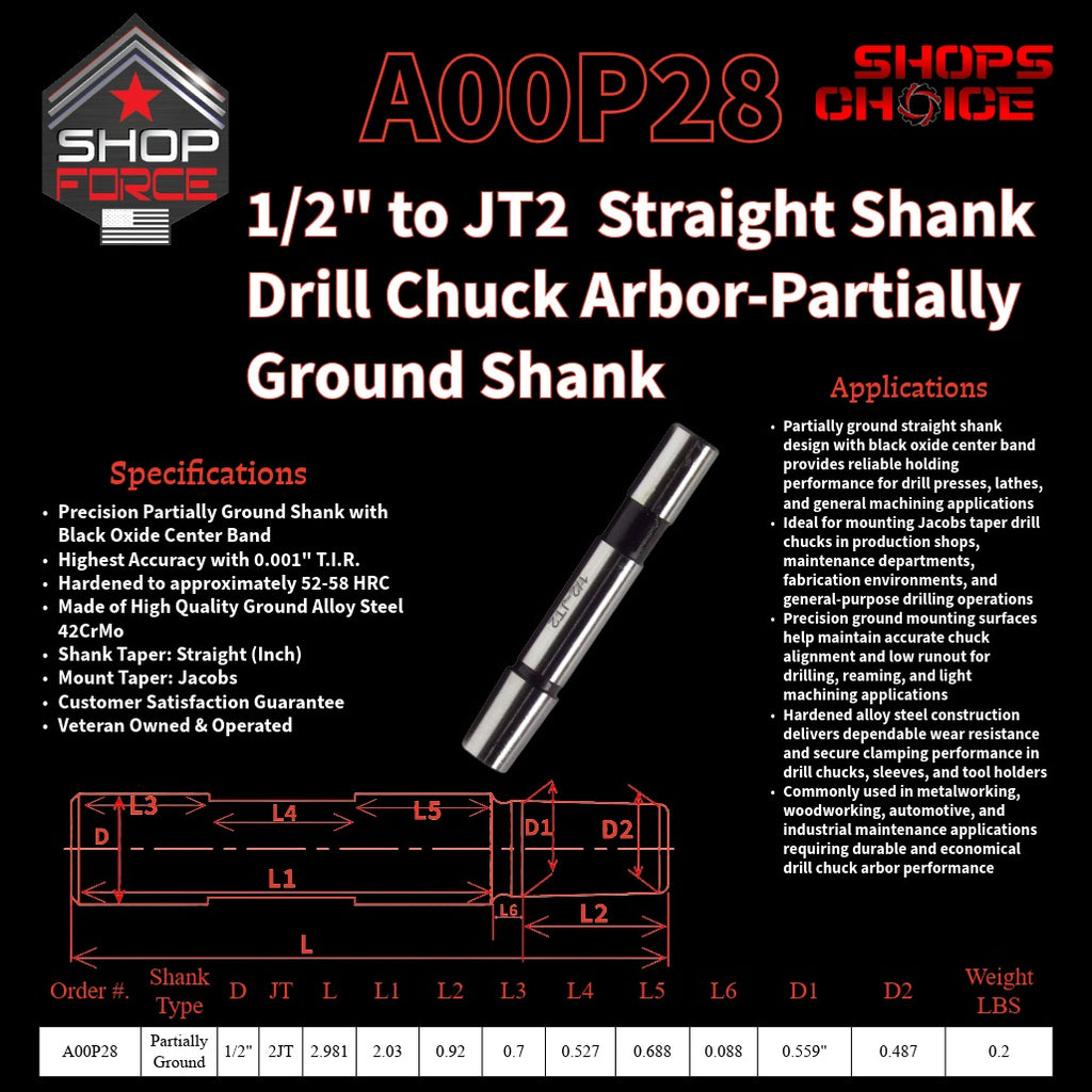 A00P28 Straight Shank Drill Chuck Arbor Partially Ground Shank image 2