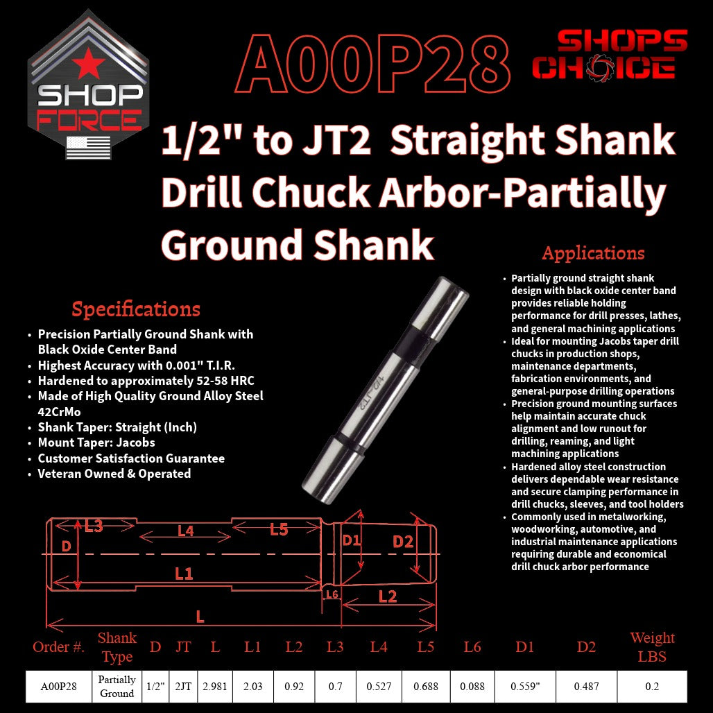 A00P28 Straight Shank Drill Chuck Arbor Partially Ground Shank image 2