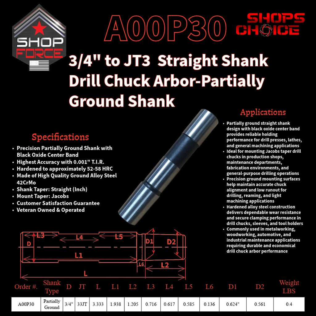 A00P30 Straight Shank Drill Chuck Arbor Partially Ground Shank image 2