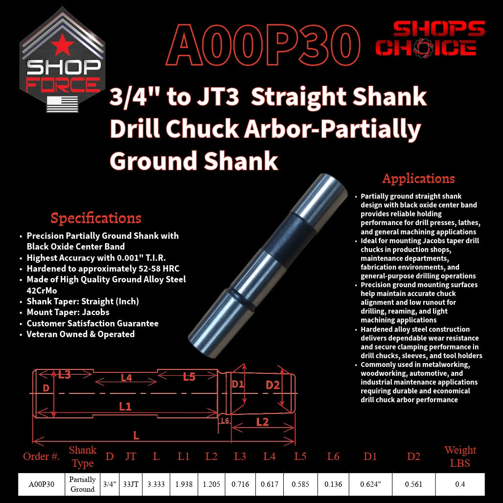 A00P30 Straight Shank Drill Chuck Arbor Partially Ground Shank image 2