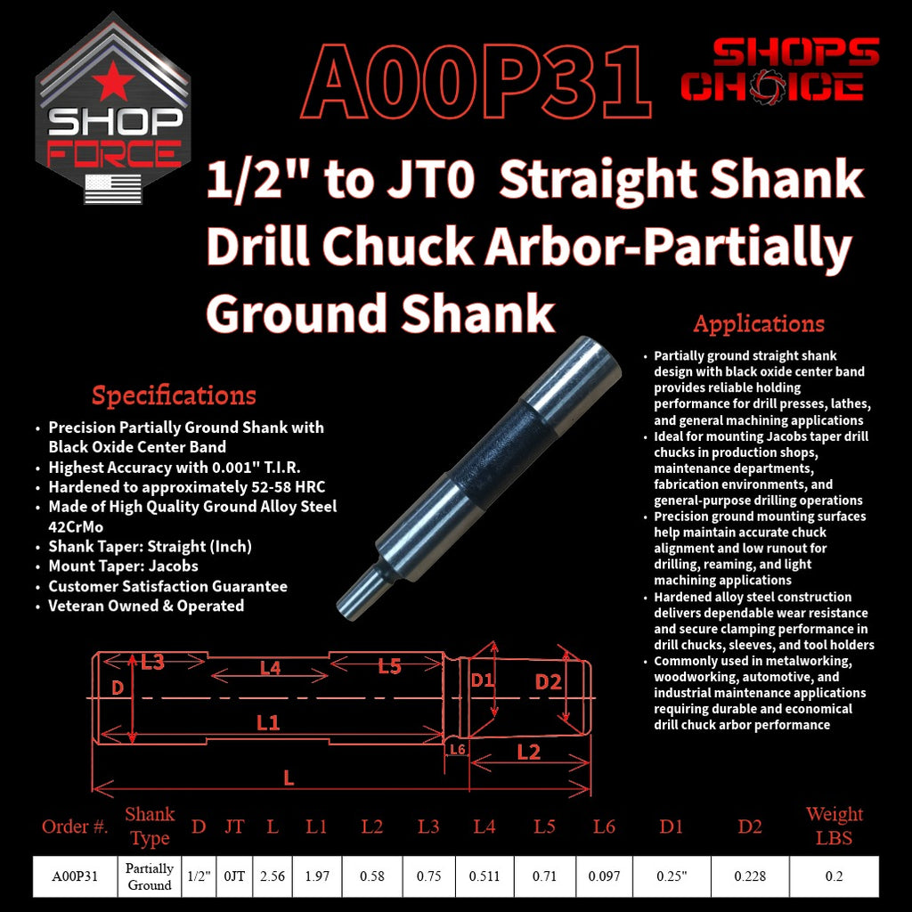 A00P31 Straight Shank Drill Chuck Arbor Partially Ground Shank image 2