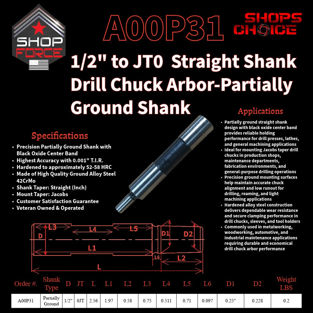 A00P31 Straight Shank Drill Chuck Arbor Partially Ground Shank image 2