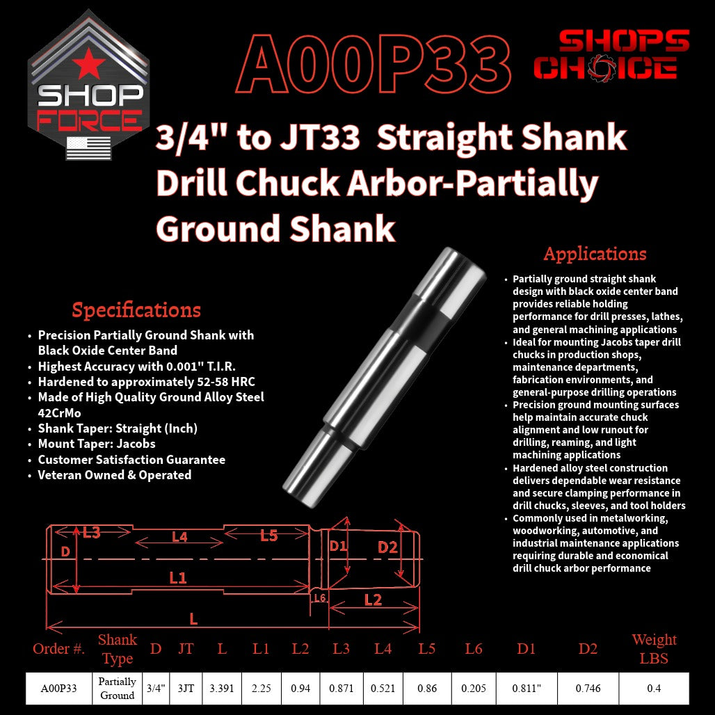 A00P33 Straight Shank Drill Chuck Arbor Partially Ground Shank image 2