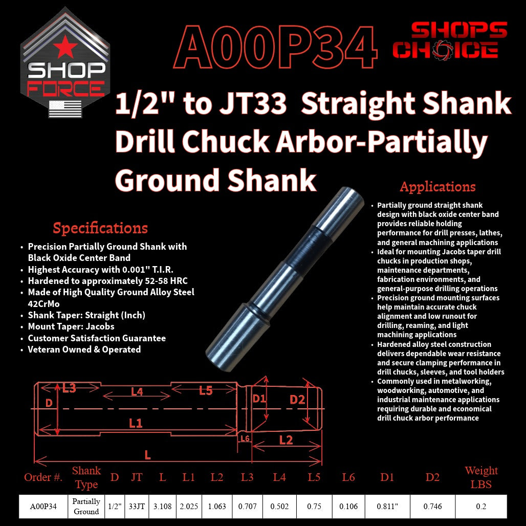 A00P34 Straight Shank Drill Chuck Arbor Partially Ground Shank image 2