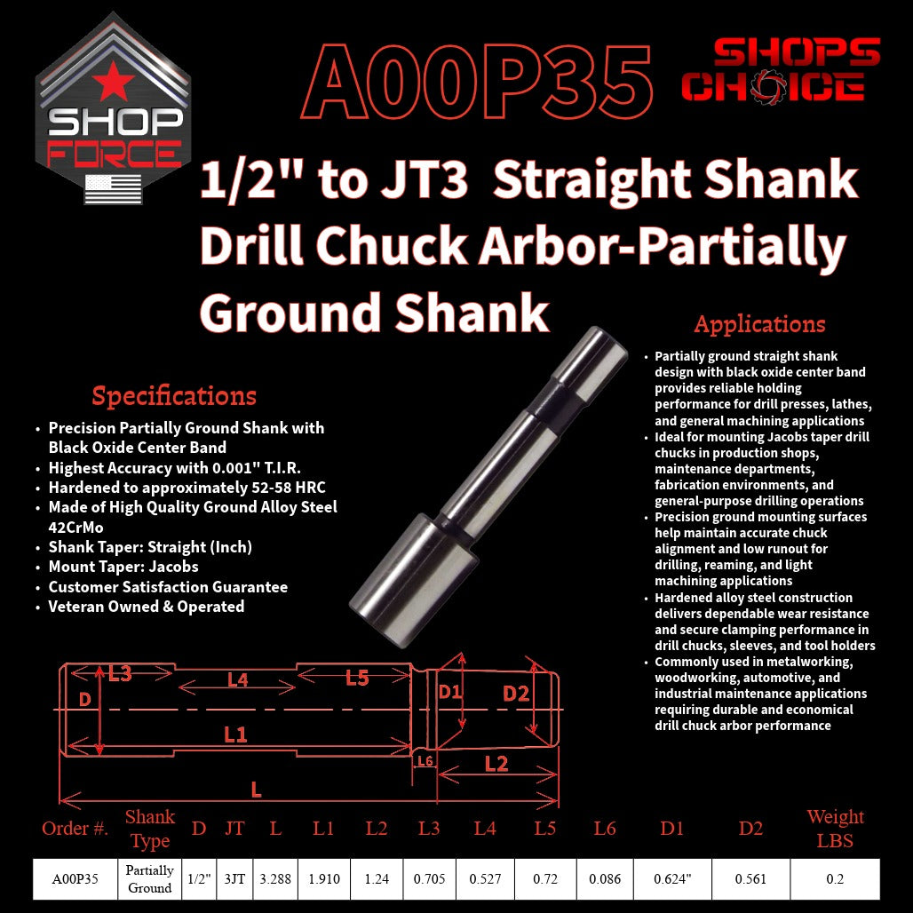 A00P35 Straight Shank Drill Chuck Arbor Partially Ground Shank image 2