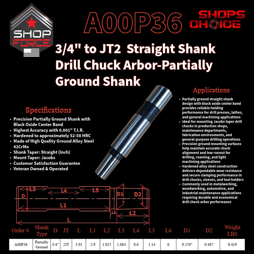 A00P36 Straight Shank Drill Chuck Arbor Partially Ground Shank image 2