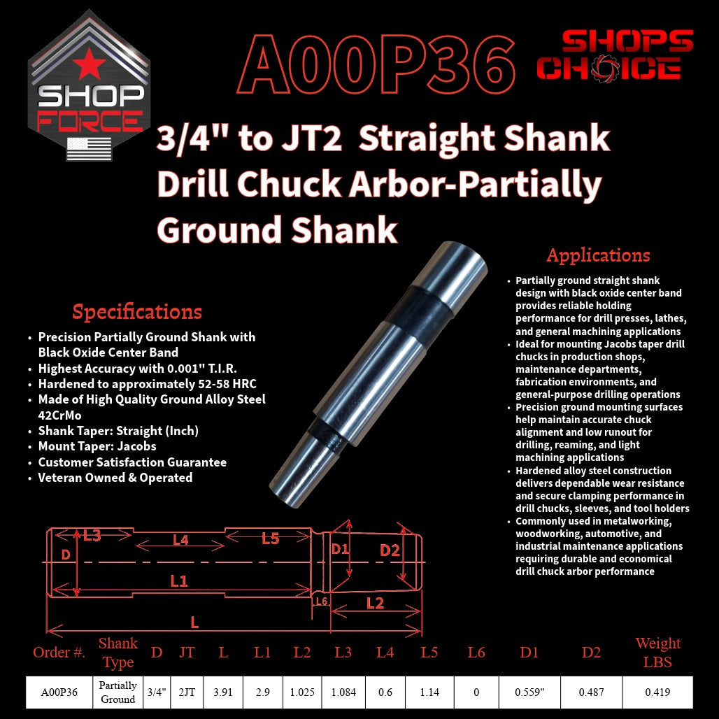 A00P36 Straight Shank Drill Chuck Arbor Partially Ground Shank image 2