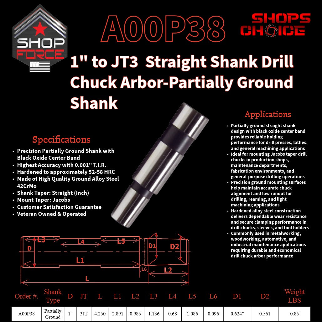 A00P38 Straight Shank Drill Chuck Arbor Partially Ground Shank image 2