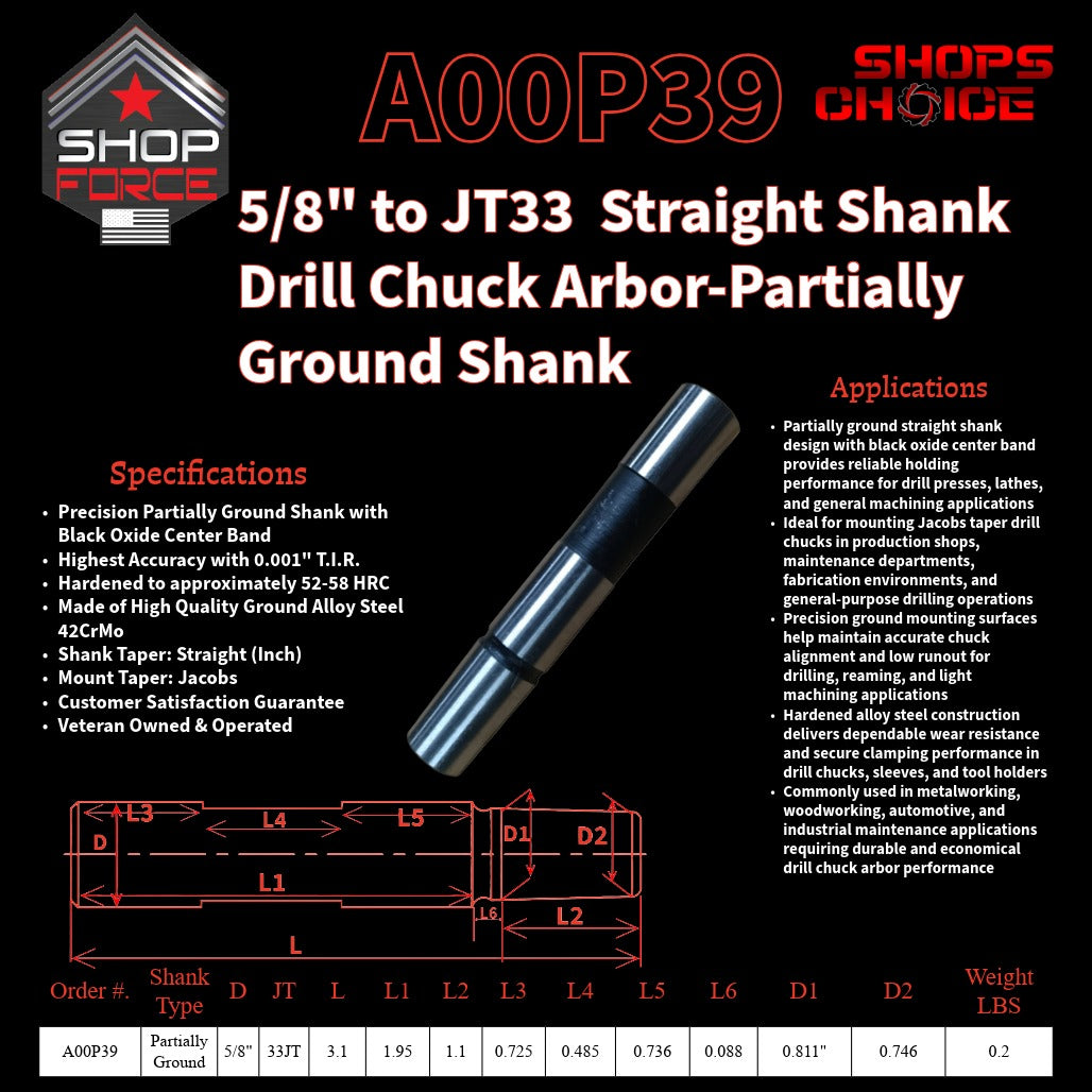 A00P39 Straight Shank Drill Chuck Arbor Partially Ground Shank image 2