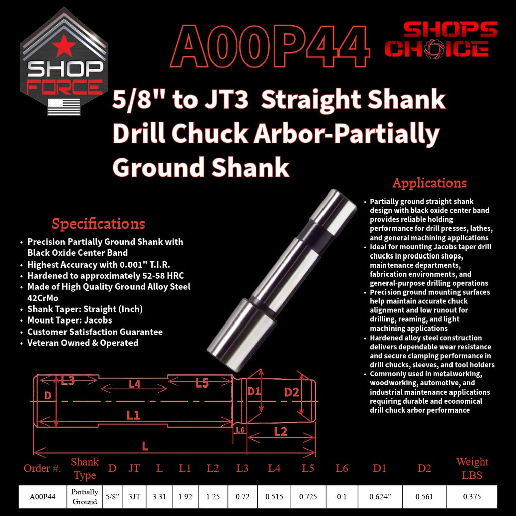A00P44 Straight Shank Drill Chuck Arbor Partially Ground Shank image 2