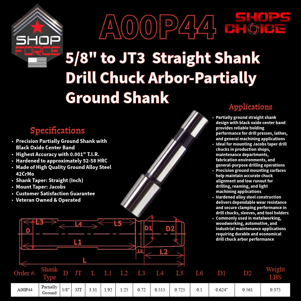 A00P44 Straight Shank Drill Chuck Arbor Partially Ground Shank image 2