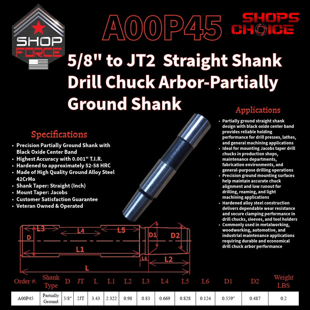 A00P45 Straight Shank Drill Chuck Arbor Partially Ground Shank image 2