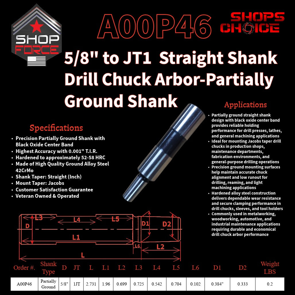 A00P46 Straight Shank Drill Chuck Arbor Partially Ground Shank image 2