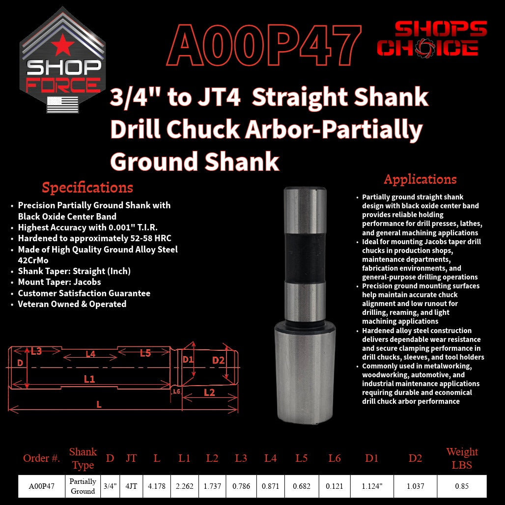 A00P47 Straight Shank Drill Chuck Arbor Partially Ground Shank image 2