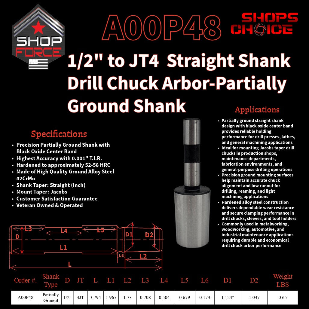 A00P48 Straight Shank Drill Chuck Arbor Partially Ground Shank image 2