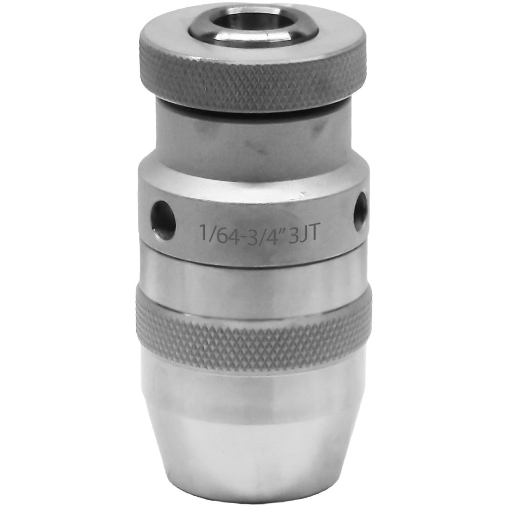 High precision JT keyless drill chucks for industrial use, offering 10,000 RPM, nickel coating, self-tightening, and heat-treated construction for durability and accuracy.